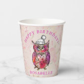 かわいい水彩花ふくろう誕生日パーティー 紙コップ (正面)