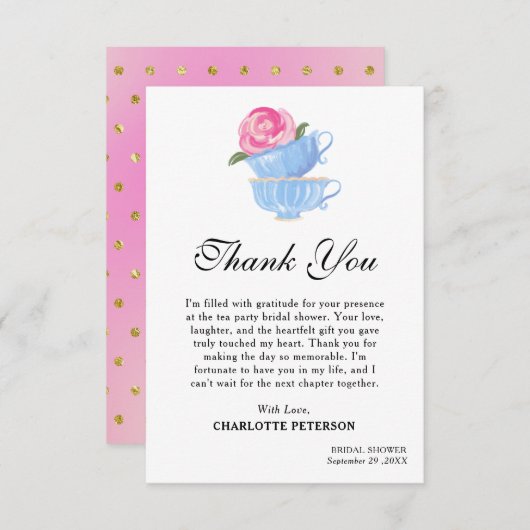 かわいい水彩茶パーティーブライダルシャワー サンキューカード (正面/裏面)