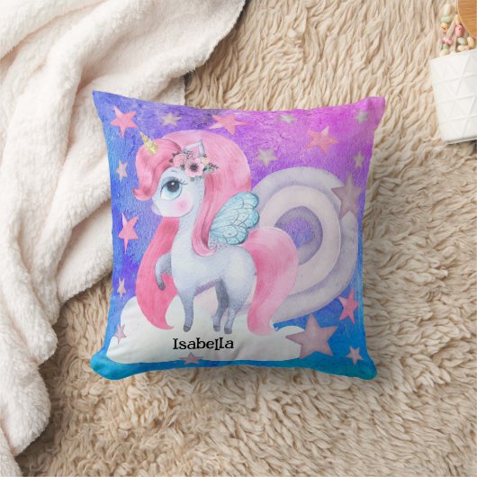 かわいい水彩虹のユニコーンパーソナライズされた クッション (ブランケット)