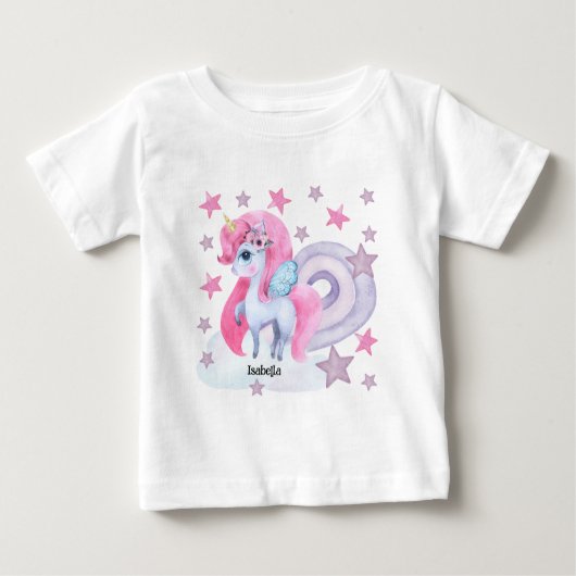 かわいい水彩虹のユニコーンパーソナライズされた ベビーTシャツ (正面)