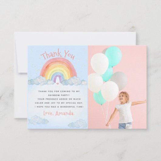 かわいい水彩虹の誕生日パーティーの写真 サンキューカード (正面)