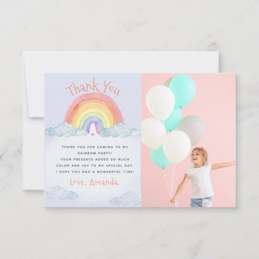 かわいい水彩虹の誕生日パーティーの写真 サンキューカード (正面)
