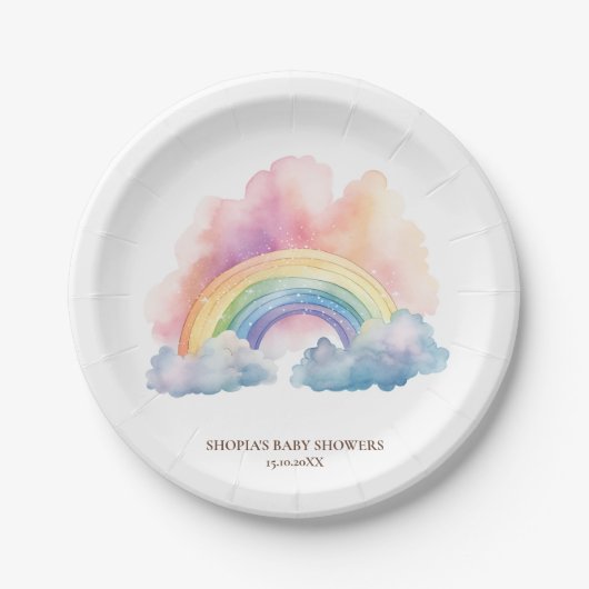 かわいい水彩虹の赤ちゃんシャワー ペーパープレート (正面)