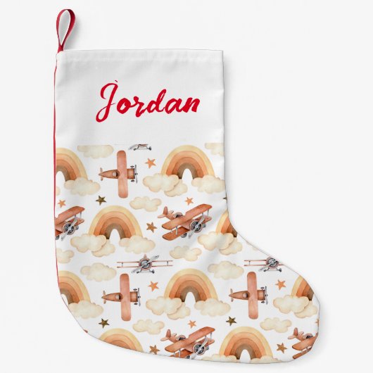 かわいい水彩虹の飛行機のパターン スモールクリスマスストッキング (正面)