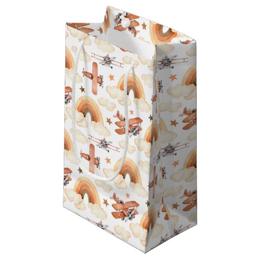 かわいい水彩虹の飛行機のパターン スモールペーパーバッグ (正面アングル)