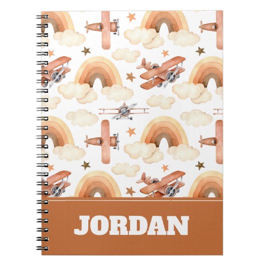 かわいい水彩虹の飛行機のパターン ノートブック (正面)