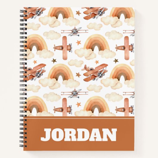 かわいい水彩虹の飛行機のパターン ノートブック (正面)
