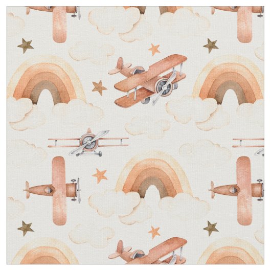 かわいい水彩虹の飛行機のパターン ファブリック (クローズアップ)