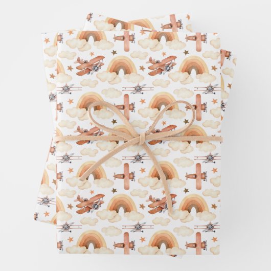 かわいい水彩虹の飛行機のパターン ラッピングペーパーシート (インサイチュ)