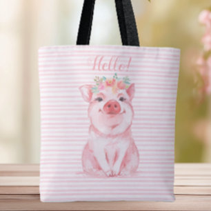 かわいい水彩豚ピンクストライプ色 トートバッグ