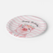 かわいい水彩豚ピンク色ストライプ誕生日 ペーパープレート (アングル)