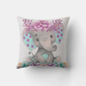 かわいい水彩象と紫のティール（緑がかった色）花模様 クッション (裏面)