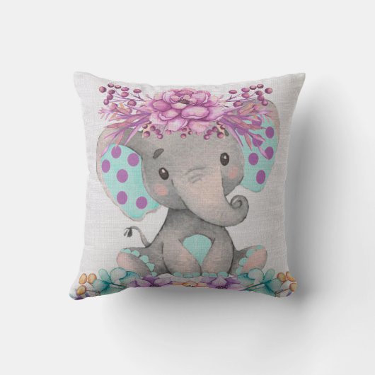 かわいい水彩象と紫のティール（緑がかった色）花模様 クッション (裏面)