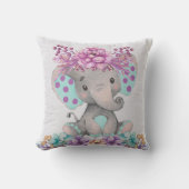 かわいい水彩象と紫のティール（緑がかった色）花模様 クッション (正面)
