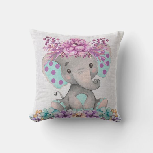 かわいい水彩象と紫のティール（緑がかった色）花模様 クッション (正面)
