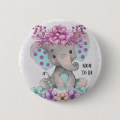 かわいい水彩象と紫のティール(緑がかった色)花模様 缶バッジ (正面)