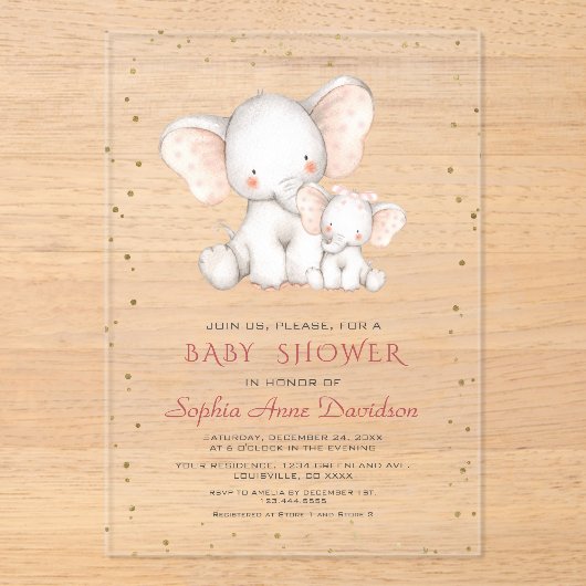 かわいい水彩象の女の子ベビーシャワー アクリル招待状 (正面)