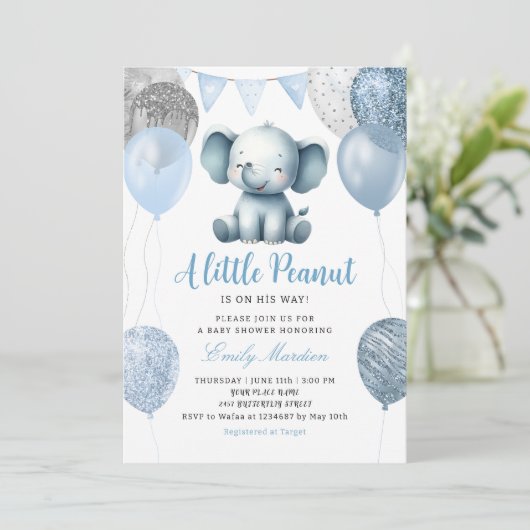 かわいい水彩象の男の子バルーン赤ちゃんシャワー 招待状 (スタンド正面)