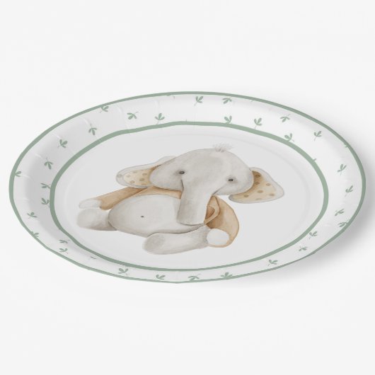 かわいい水彩象の緑の赤ちゃんシャワー ペーパープレート (アングル)