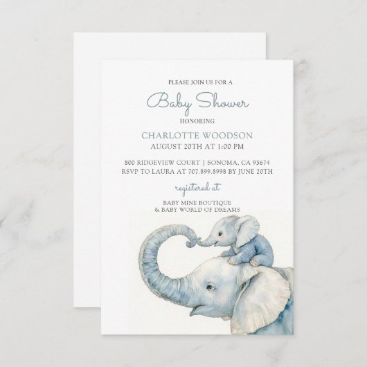 かわいい水彩象の赤ちゃんシャワー 招待状 (正面/裏面)