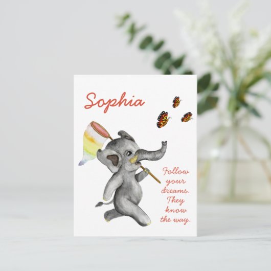 かわいい水彩象インスパイアの夢引用文 ポストカード (スタンド正面)