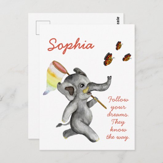 かわいい水彩象インスパイアの夢引用文 ポストカード (正面/裏面)
