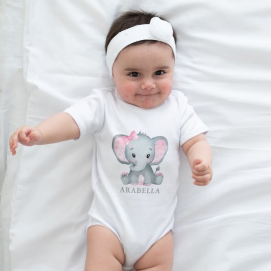 かわいい水彩象ピンクのベビーガール ベビーボディスーツ