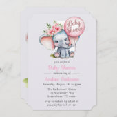 かわいい水彩象フローラガールベビーシャワー 招待状 (正面/裏面)