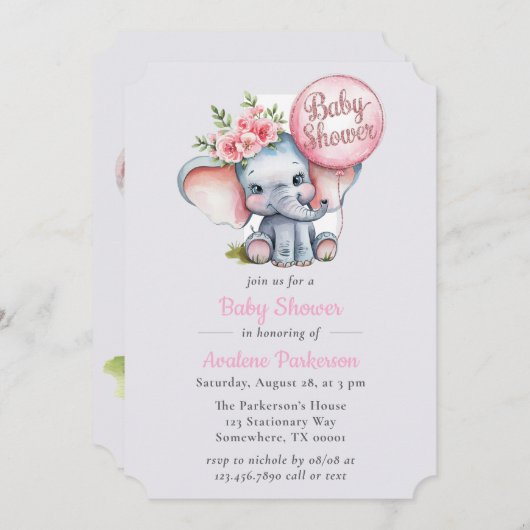 かわいい水彩象フローラガールベビーシャワー 招待状 (正面/裏面)