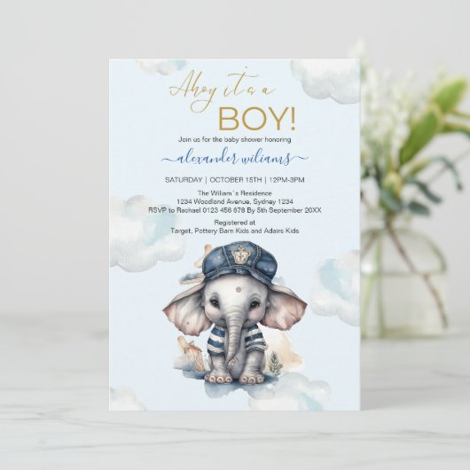 かわいい水彩象航海のテーマベビー 招待状 (スタンド正面)