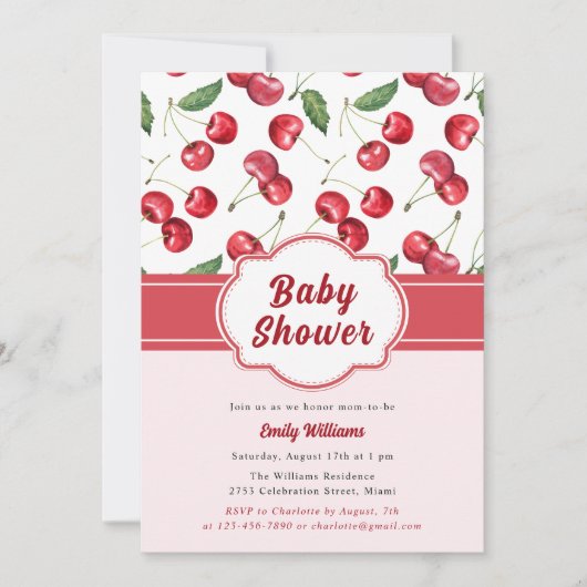 かわいい水彩赤いさくらんぼ赤いシャワー 招待状 (正面)