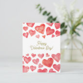 かわいい水彩赤いハートハッピーバレンタインデー シーズンポストカード (スタンド正面)