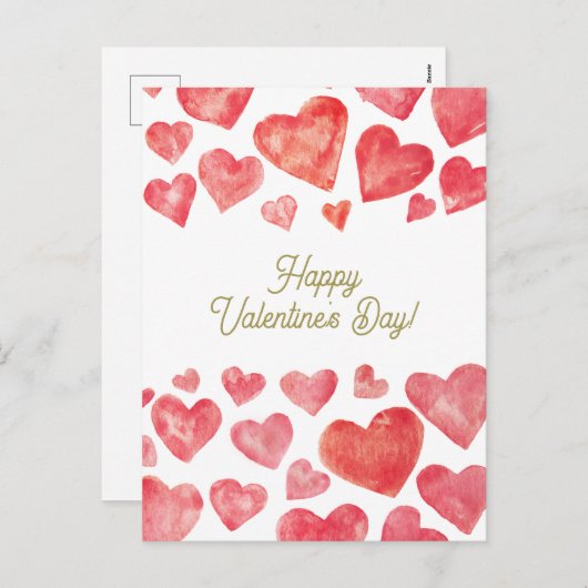 かわいい水彩赤いハートハッピーバレンタインデー シーズンポストカード (正面/裏面)