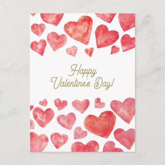 かわいい水彩赤いハートハッピーバレンタインデー シーズンポストカード (正面)