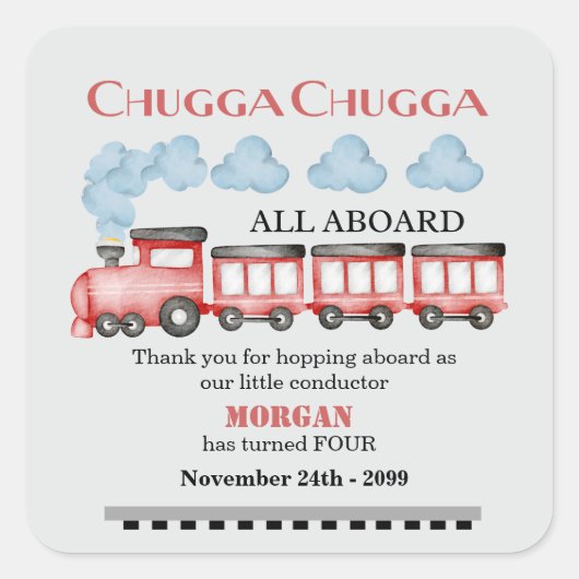 かわいい水彩赤い列車任意の年齢誕生日 スクエアシール (正面)
