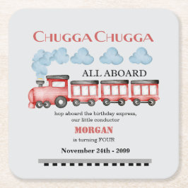 かわいい水彩赤い列車任意の年齢誕生日 スクエアペーパーコースター