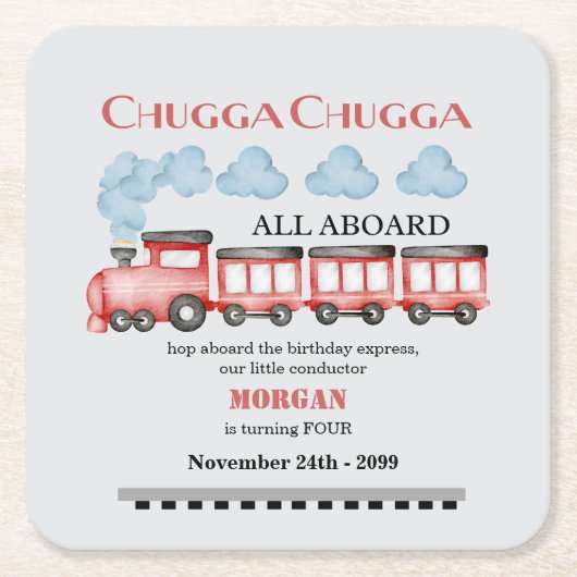 かわいい水彩赤い列車任意の年齢誕生日 スクエアペーパーコースター (正面)