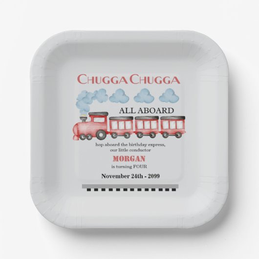 かわいい水彩赤い列車任意の年齢誕生日 ペーパープレート (正面)