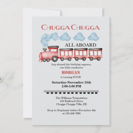 かわいい水彩赤い列車任意の年齢誕生日 招待状 (正面)