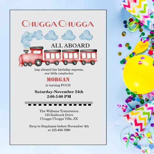 かわいい水彩赤い列車任意の年齢誕生日 招待状