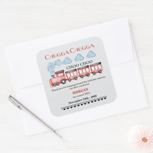 かわいい水彩赤い列車2nd誕生日 スクエアシール (封筒)