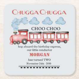 かわいい水彩赤い列車2nd誕生日 スクエアペーパーコースター