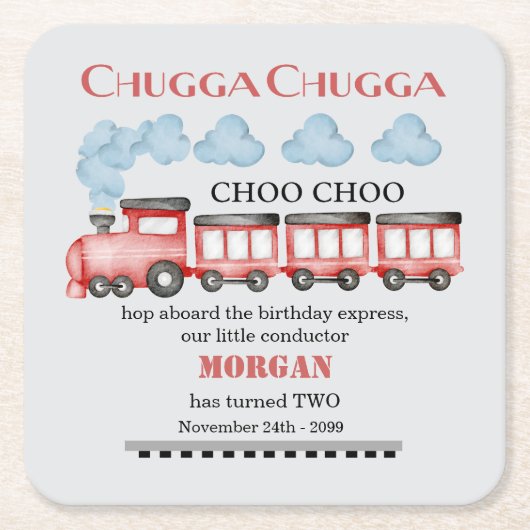 かわいい水彩赤い列車2nd誕生日 スクエアペーパーコースター (正面)