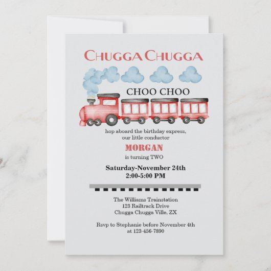 かわいい水彩赤い列車2nd誕生日 招待状 (正面)