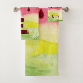 かわいい水彩赤い緑のスイカのモノグラムキッズ バスタオルセット