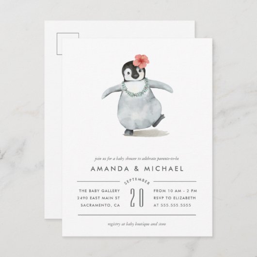 かわいい水彩赤ちゃんガールペンギン赤ちゃんシャワー インビテーションポストカード (正面/裏面)
