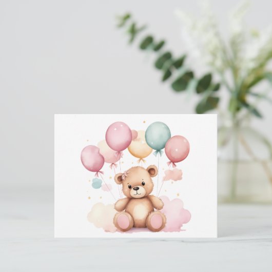 かわいい水彩赤ちゃんシャワー風船テディベア ポストカード (スタンド正面)