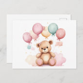 かわいい水彩赤ちゃんシャワー風船テディベア ポストカード (正面/裏面)