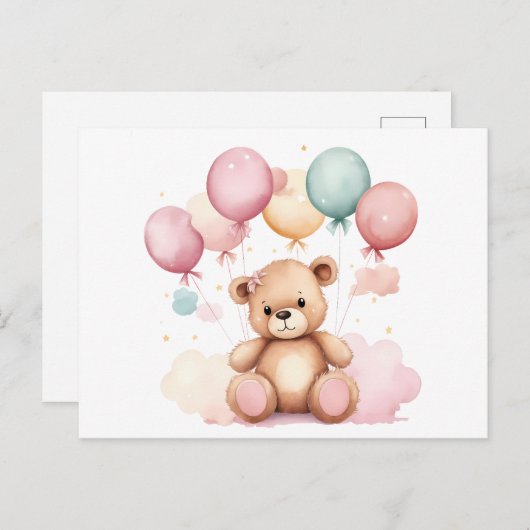 かわいい水彩赤ちゃんシャワー風船テディベア ポストカード (正面/裏面)