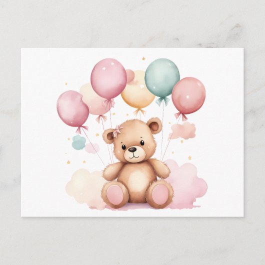 かわいい水彩赤ちゃんシャワー風船テディベア ポストカード (正面)